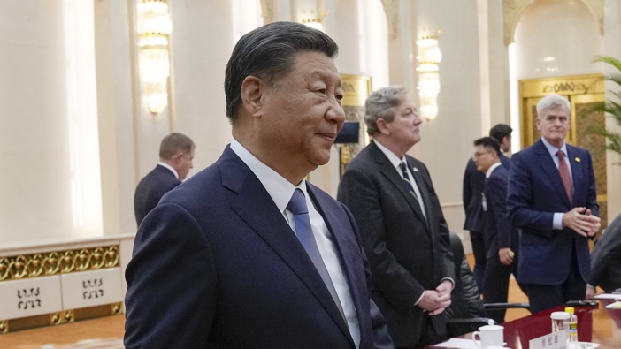 Chinese President Xi Jinping arrives to a bilateral meeting with U.S. Senate Majority Leader Chuck Schumer, D-N.Y., and his delegations at the Great Hall of the People in Beijing on Oct. 9, 2023. Photo / AP