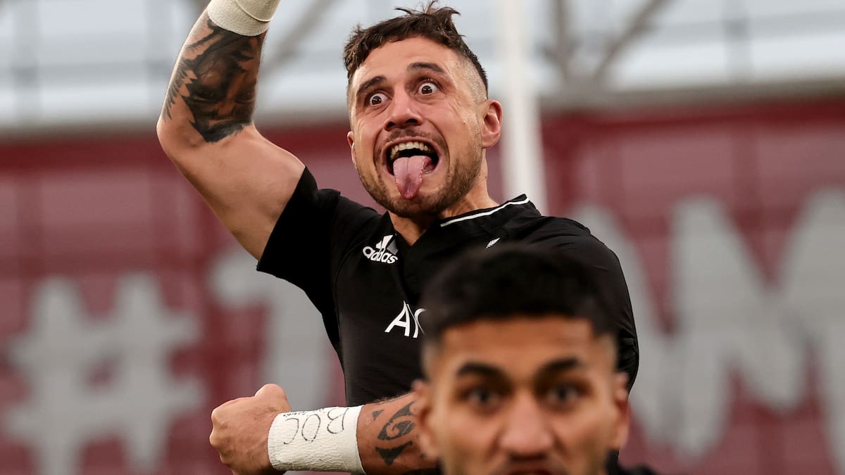 TJ Perenara leads the All Blacks haka. Photo / Photosport