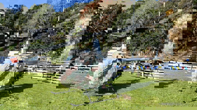 The rotors on a helicopter are bent out of shape after rolling on its side during take-off at Whangaroa in Northland. Photo / David Fisher