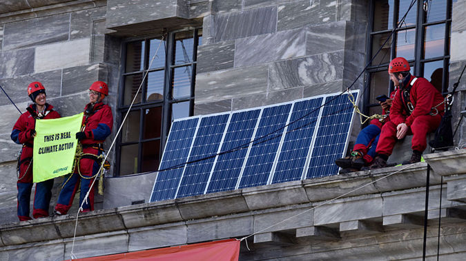 Greenpeace protesters, who used modern technology to scale the facade of New Zealand's Parliament (Supplied)