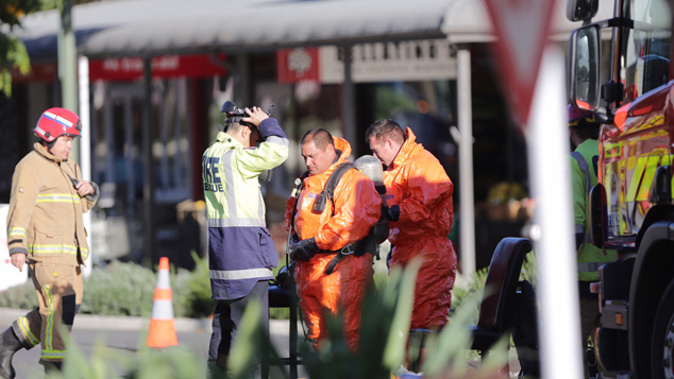 Emergency services at scene of Havelock North postshop where suspcious package was found (Paul Taylor).