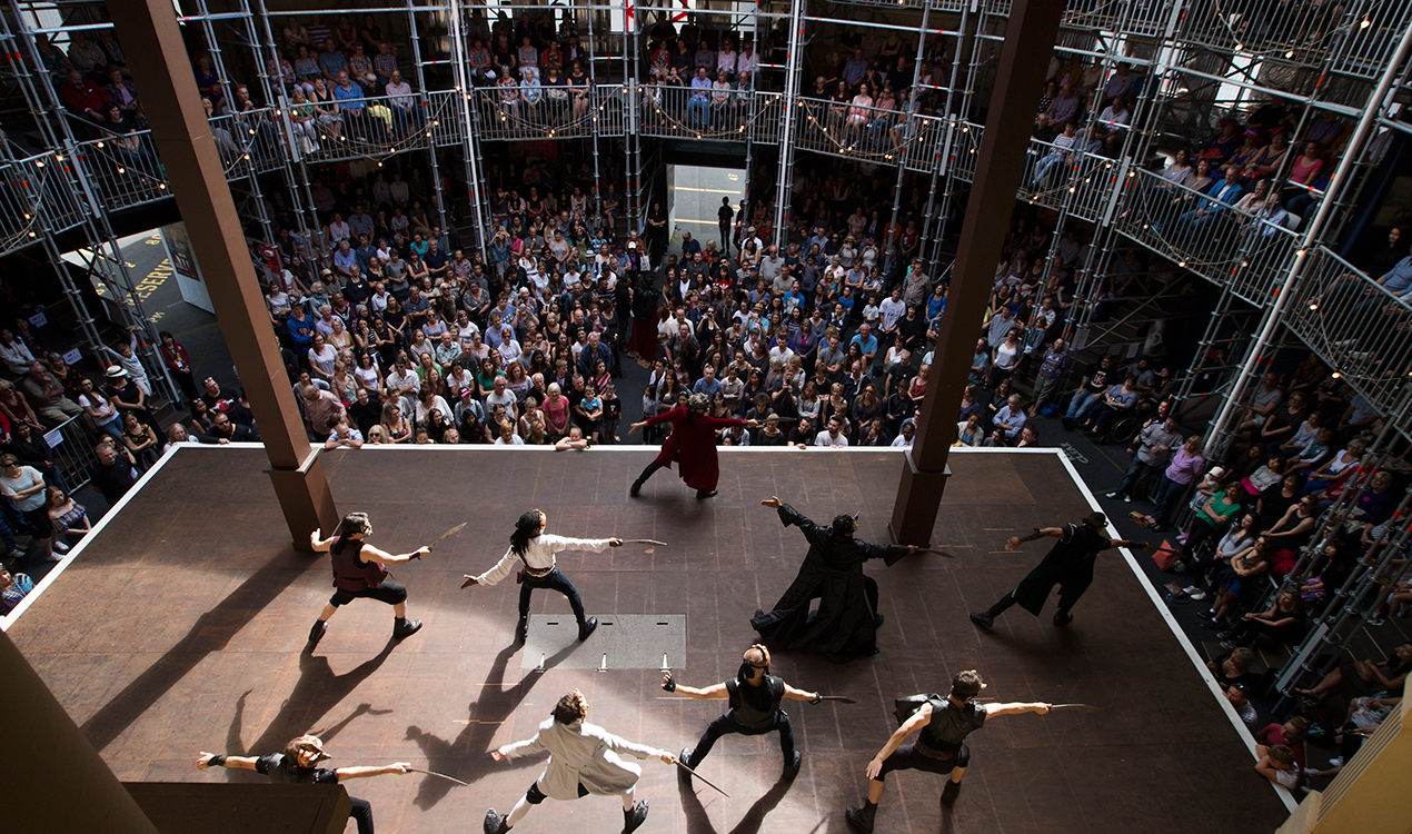 A production at the Pop-Up Shakespeare Globe, built in the parking lot outside the Basement Theatre in Auckland (NZ Herald) 