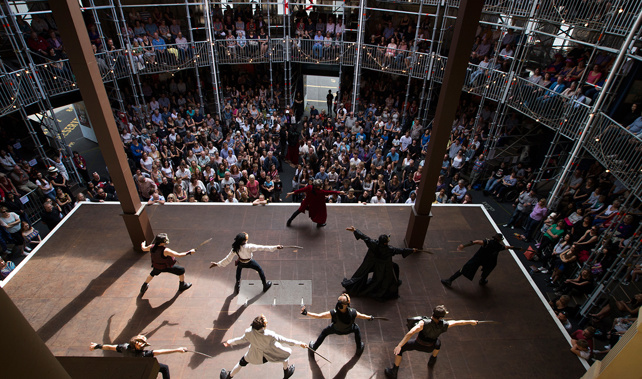 A production at the Pop-Up Shakespeare Globe, built in the parking lot outside the Basement Theatre in Auckland (NZ Herald) 