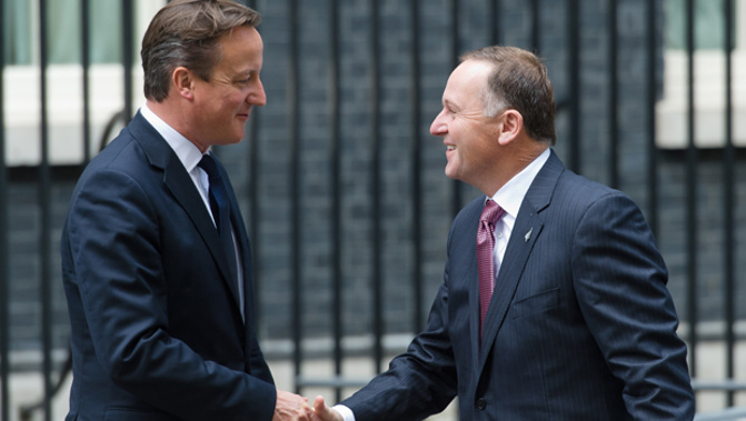 Prime Minister John Key greets British Prime Minister David Cameron ahead of a meeting in Downing Street in 2013. (Getty Images)