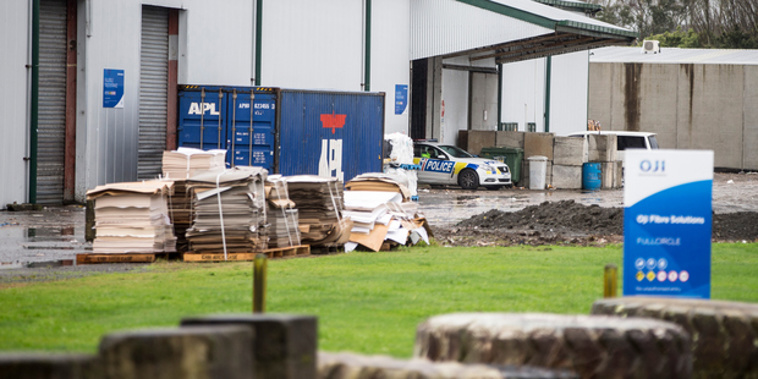 Police at OJI Fibre Solutions in Hamilton, after the discovery of a body yesterday. Photo / Michael Craig
