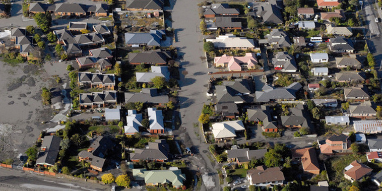 Aerial view of earthquake damaged houses in Christchurch. Photo / Geoff Sloan