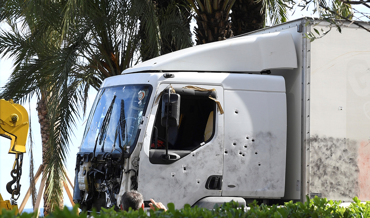 The truck, riddled with bullets, that was driven by a man through a crowd celebrating Bastille Day (Getty Images) 