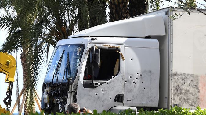 The truck, riddled with bullets, that was driven by a man through a crowd celebrating Bastille Day (Getty Images)