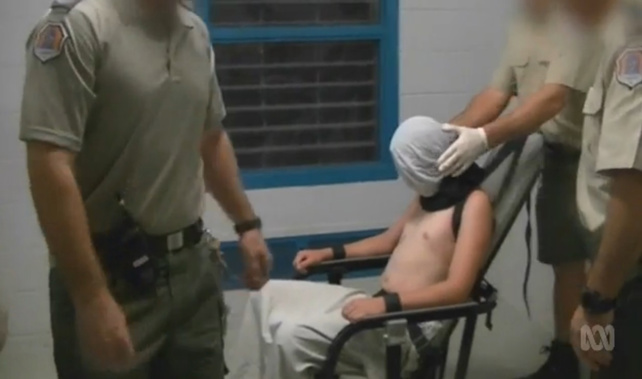 A boy strapped to a mechanical chair in the Don Dale Youth Detention Centre (Four Corners/AAP) 