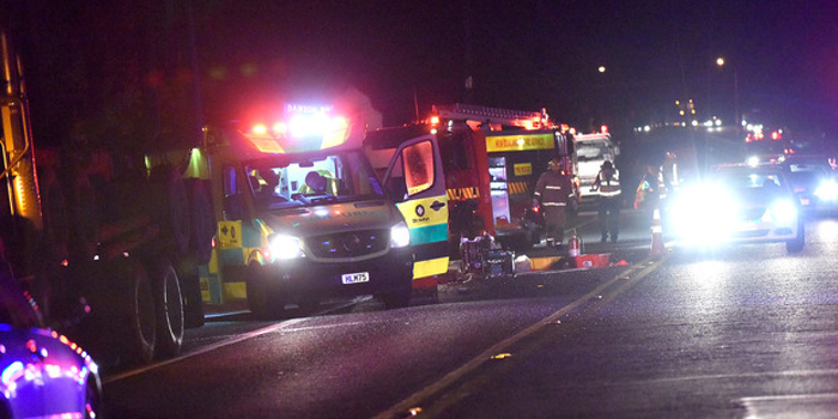 State Highway 2 is closed both ways between Morton Rd and Thompson's Track after a logging truck and car collided about 8.15pm. Photo / George Novak