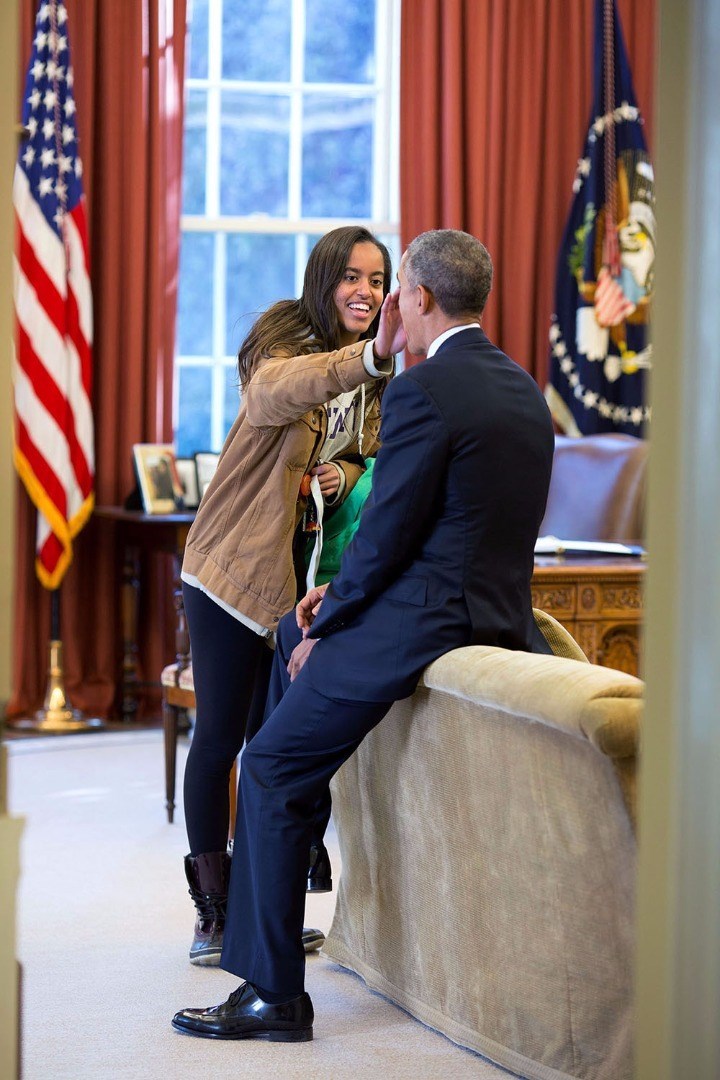 Feb. 23, 2015 "The President's daughter Malia stopped by the Oval Office one afternoon to see her dad and, while they were talking, she wiped something from his face."