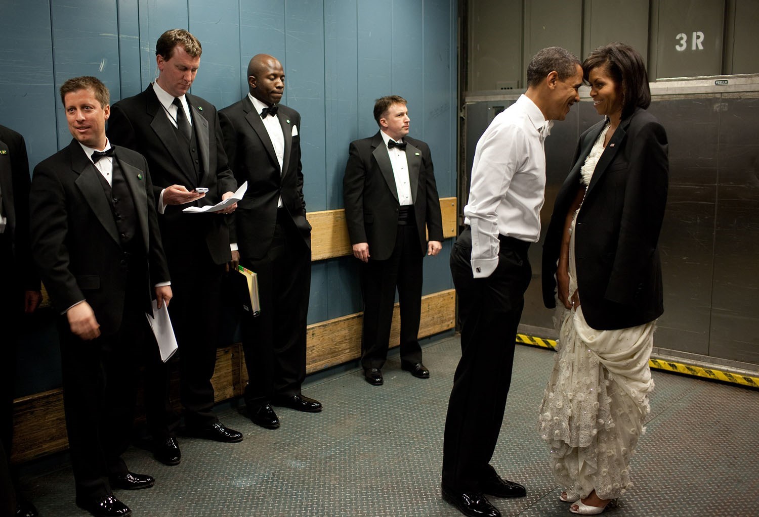 Jan. 20, 2009 “We were on a freight elevator headed to one of the Inaugural Balls. It was quite chilly, so the President removed his tuxedo jacket and put it over the shoulders of his wife. Then they had a semi-private moment as staff member and Secret Service agents tried not to look.”