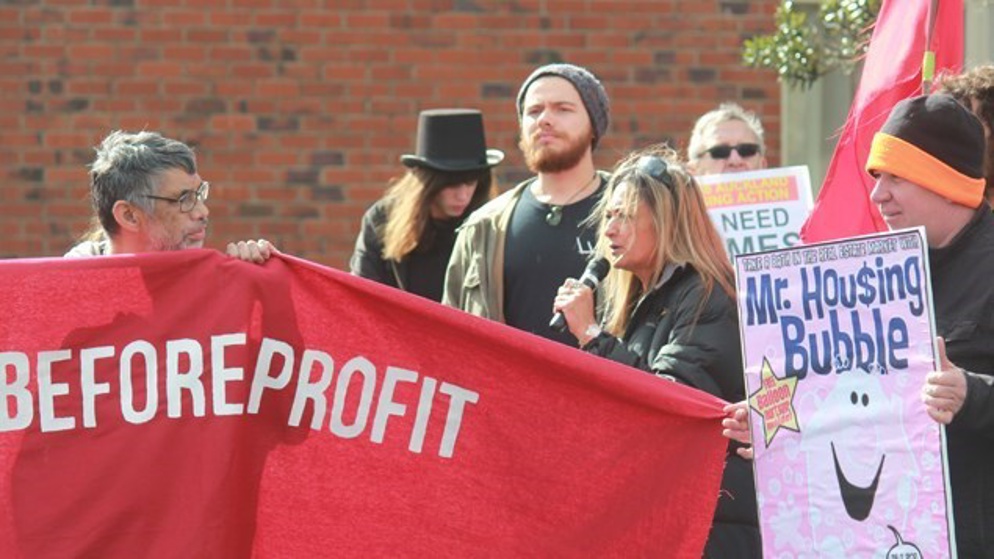 The protest group gathered at St Johns College in Auckland before marching to The Block open home day