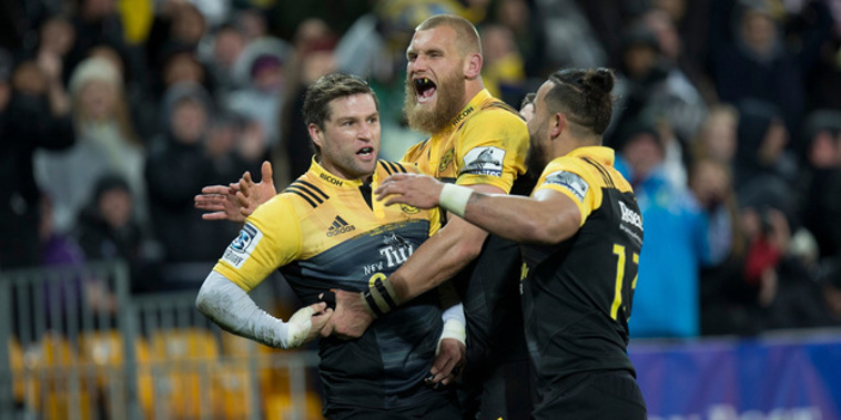 Hurricanes wing Cory Jane celebrating his try with flanker Brad Shields during the 2016 Investec Super Rugby final. Photo / Mark Mitchell