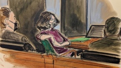 In this courtroom sketch, Ghislaine Maxwell, centre, sits in the courtroom during a discussion about a note from the jury. (Photo / AP)