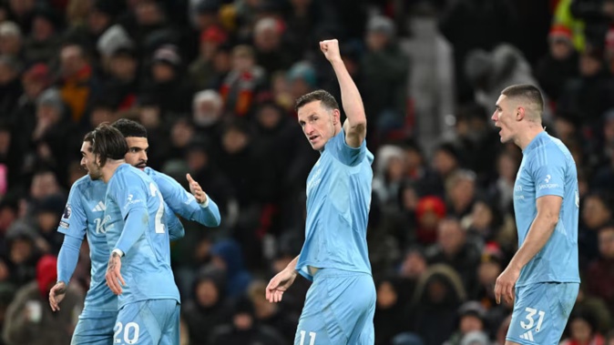 Chris Wood celebrates against Manchester United. Photo / Getty Images