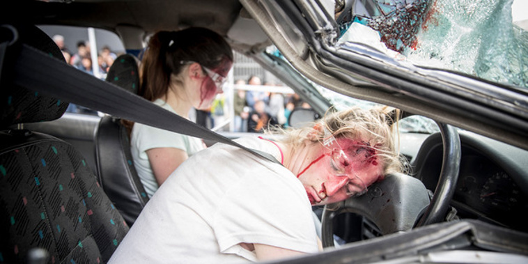 A bloody car crash simulation stopped traffic in central Auckland, Saturday, 27 August. (NZ Herald)