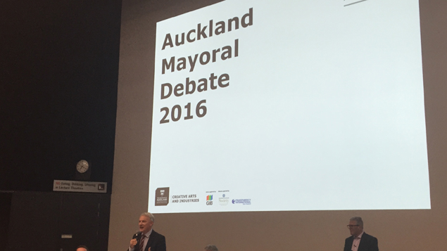 Phil Goff speaking at the Auckland Mayoral debate 2016 (Michael Sergel).