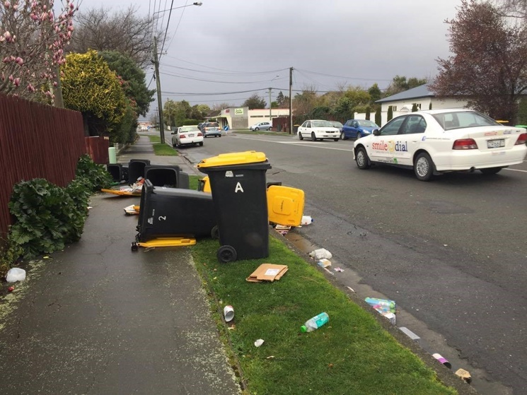 Wild winds have blown over rubbish bins in Christchurch (Samantha Olley)