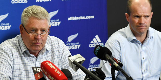 NZRU CEO Steve Tew, left, and Chiefs CEO Andrew Flexman at a press conference on the release of the report into players behaviour. Photo / SNPA