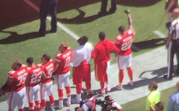 Kansas City Chiefs cornerback Marcus Peters has raised his fist during a performance of the US national anthem, apparently in solidarity with other National Football League players trying to draw attention to racial inequality (Twitter - Jeff_Rosen88)