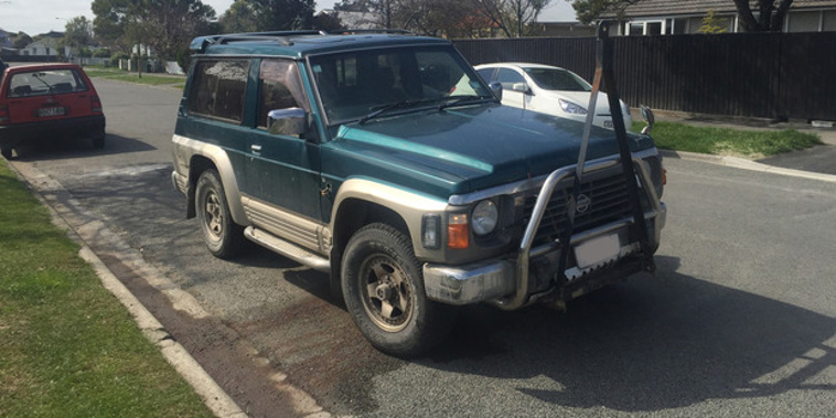 A green 4WD Nissan Patrol vehicle with an A-frame tow bar on the front was stolen and seen driving erratically towards Christchurch. Photo / NZ Herald