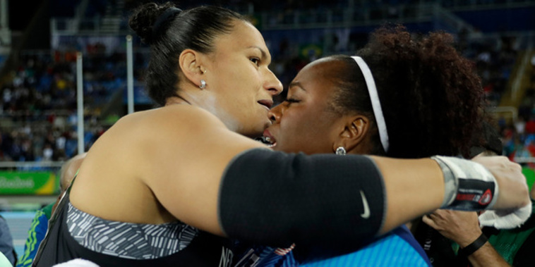 Valerie Adams congratulates Michelle Carter in Rio. Photo / AP / NZ Herald