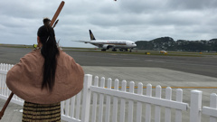 The Singapore Airline as it landed at Wellington Airport this afternoon (Georgina Campbell).