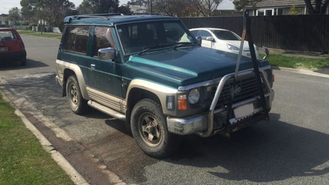 A green 4WD Nissan Patrol vehicle with an A-frame towbar on the front was stolen and seen driving erratically towards Christchurch (NZ Herald)