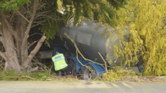 A crashed milk tanker lies in a ditch at the entrance to Riverstone Kitchen restaurant, about 20km north Oamaru. (Otago Daily Times)