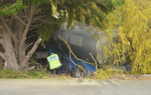 A crashed milk tanker lies in a ditch at the entrance to Riverstone Kitchen restaurant, about 20km north Oamaru. (Otago Daily Times)