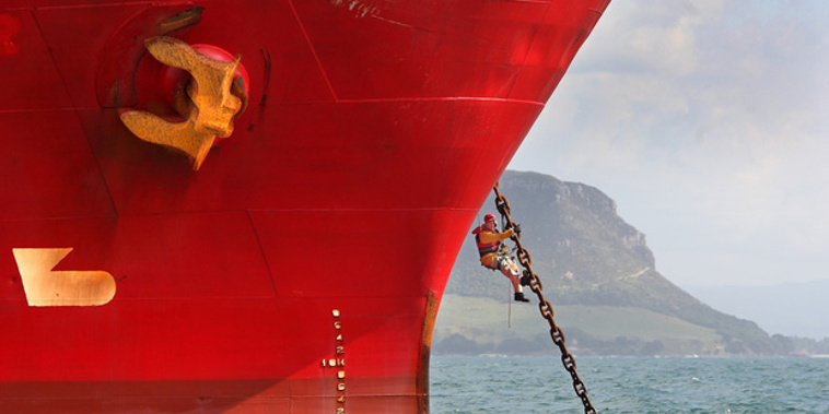 Greenpeace protestors chained themselves to a ship carrying palm kernels for stock feed in 2009. (NZ Herald/Bay of Plenty Times)