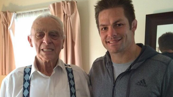 Two All Black greats - Wally Argus and Richie McCaw last year (Facebook)