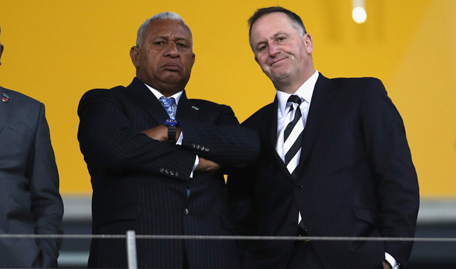 Bainimarama with John Key at Eden Park (Getty Images)