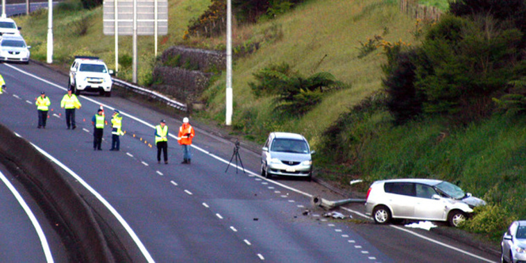 The first Labour weekend fatality happened early Sunday morning, when a car struck a median strip and a truck on the Southern Motorway near Pokeno. Photo / Grahame Clark, SNPA
