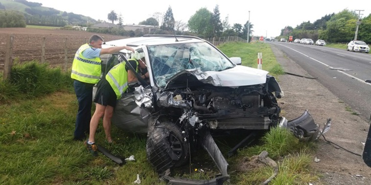 One of the vehicles involved in a fatal collision near Te Puke this afternoon. Photo/Stuart Whitaker