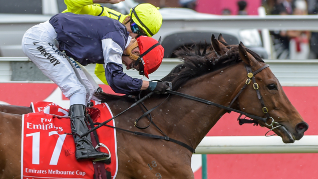 Almandin and jockey Kerrin McEvoy winning the Melbourne Cup (Getty Images).