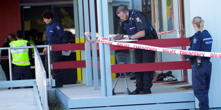 Police carry out their investigations at Taradale Primary School after Aryan Banerjee was found hanging from a toilet window in May. PHOTO FILE