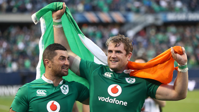 Rob Kearney and Jamie Heaslip celebrate after beating the All Blacks (Getty Images).