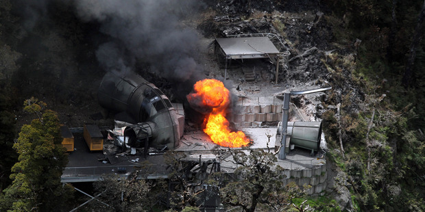 Flames burn from a ventilation shaft above the Pike River mine which fatally trapped 29 miners and contractors in 2010. Photo / NZME