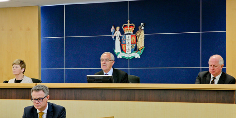 Hearing the facts: Dr Karen Poutasi (left), Lyn Stevens QC and Anthony Wilson, presiding over a hearing relating to the Havelock North gastro crisis. Photo/Warren Buckland.