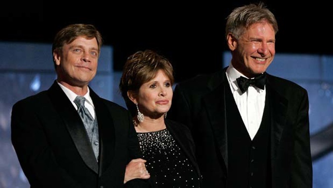 Star Wars actors Mark Hamill, Carrie Fisher and Harrison Ford (GETTY)