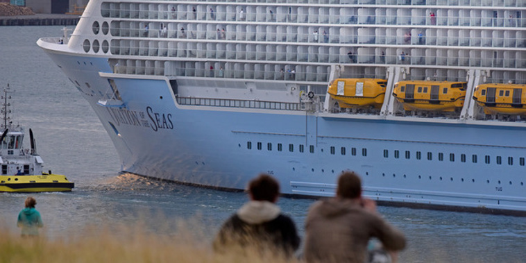 At more than 20 metres taller than the Sky Tower, if stood up, Ovation will have to anchor in the harbour off Queens Wharf. (NZ Herald)