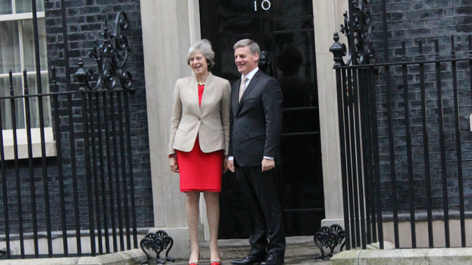 Bill English and Theresa May outside 10 Downing Street (Photo/Claire Trevett)