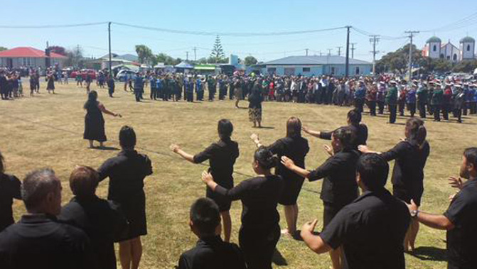 Prime Minister Bill English and his delegation are welcomed onto Ratana Marae, Ratana. (Mark Mitchell)