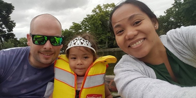 Phil Blackwood (left) with fiancee Noemi Almo and daughter Sasha, 2 (Supplied)