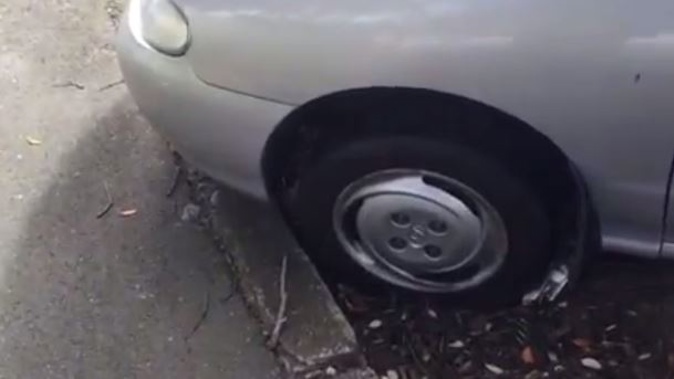 A slashed tyre on Kauri St in Wellington (Georgia Nelson)