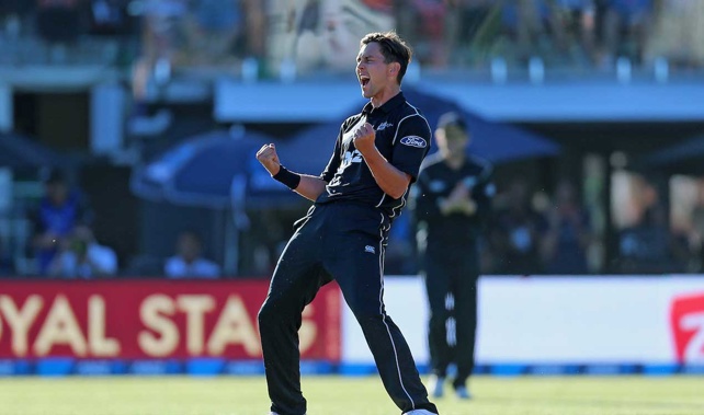 Boult celebrating his sixth wicket yesterday (PHOTOSPORT)