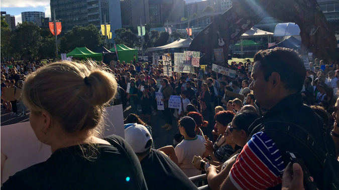 Protestors in Aotea Square (Rosie Gordon).