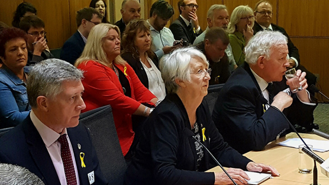 Tony Forster, Dame Fiona Kidman and Bernie Monk submitting on Pike River petition at Parliament (Felix Marwick).
